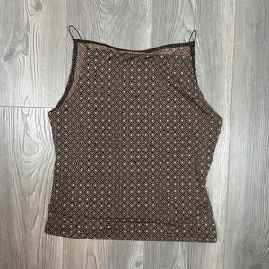 Express Brown and Black Geometric Stretchy High Neck Top w/ Gem Details - SIZE M